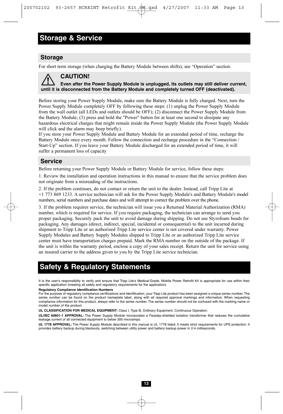 Storage & service safety & regulatory statements, Storage, Caution | Service | Tripp Lite HCRK-INT User Manual | Page 13 / 16