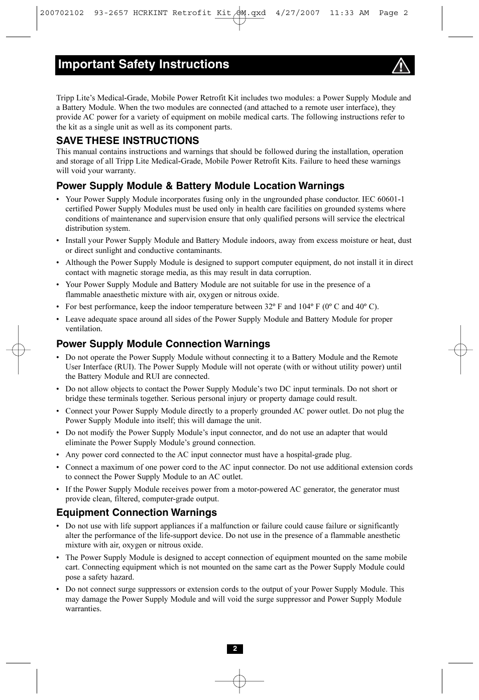 Important safety instructions | Tripp Lite HCRK-INT User Manual | Page 2 / 16
