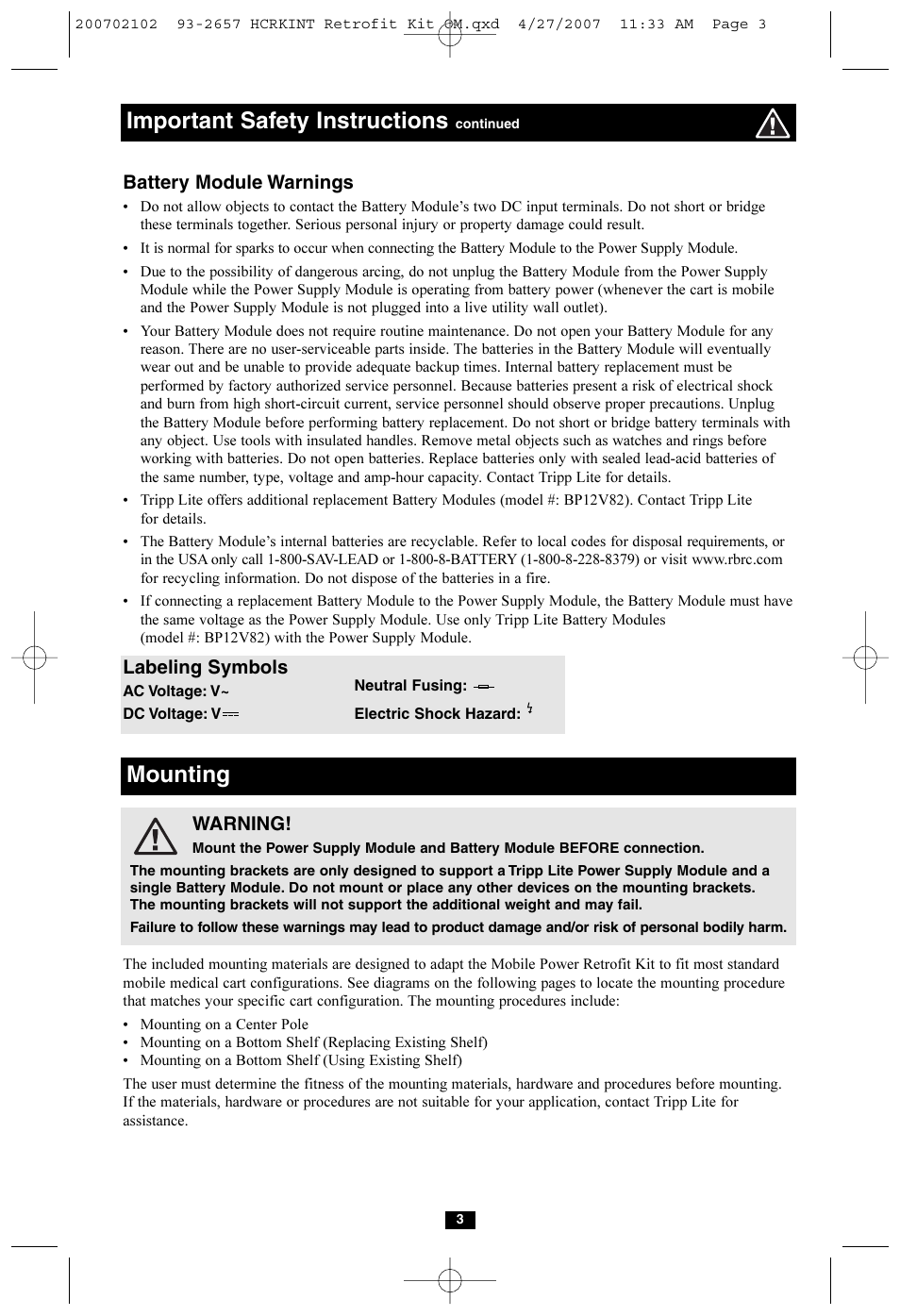 Important safety instructions, Mounting | Tripp Lite HCRK-INT User Manual | Page 3 / 16