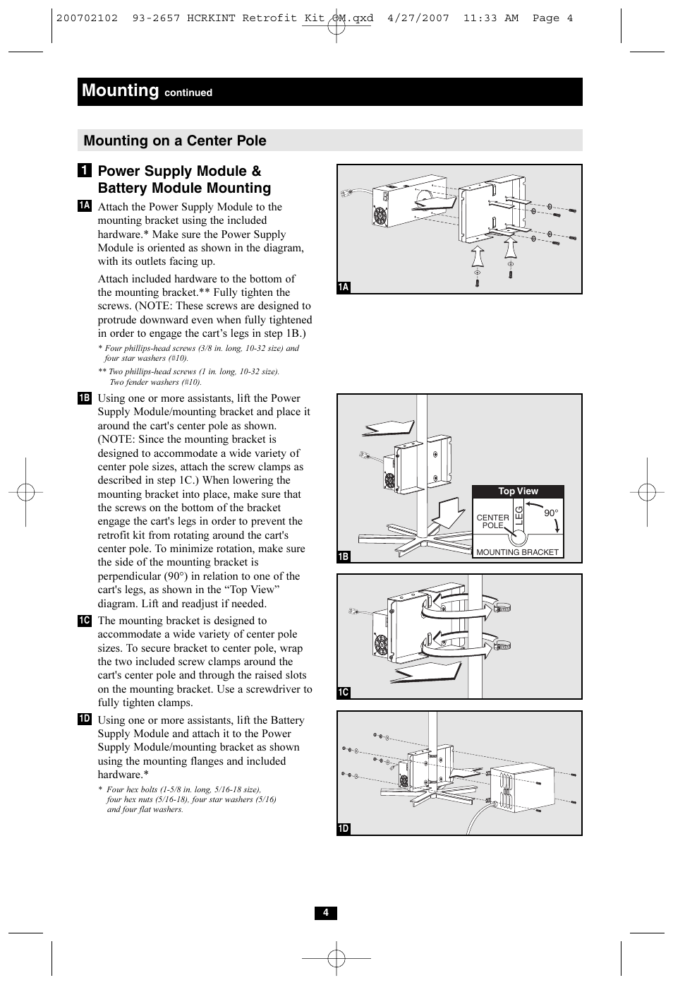 Mounting, Power supply module & battery module mounting, Mounting on a center pole | Tripp Lite HCRK-INT User Manual | Page 4 / 16