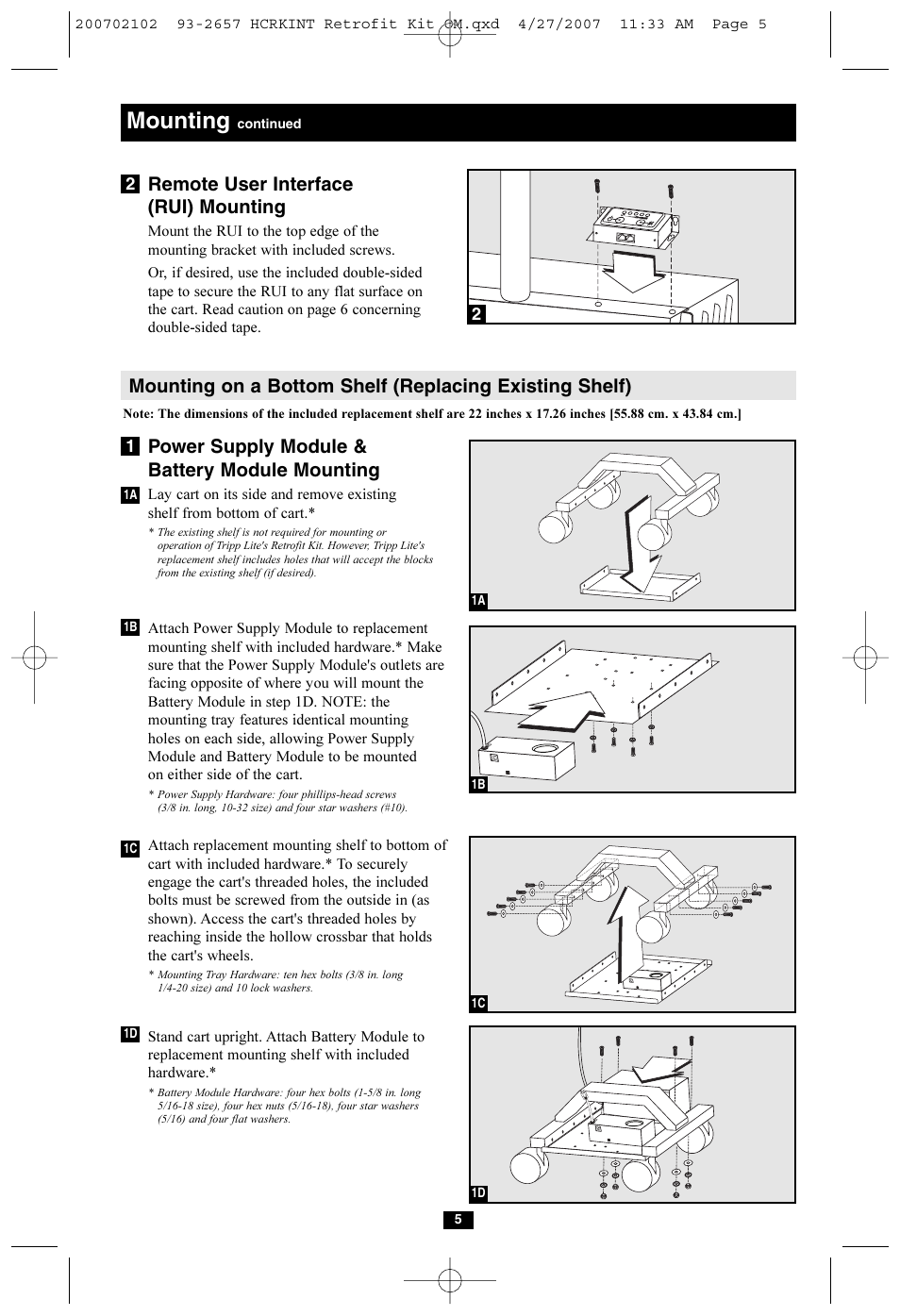 Mounting, Remote user interface (rui) mounting, Power supply module & battery module mounting | Tripp Lite HCRK-INT User Manual | Page 5 / 16