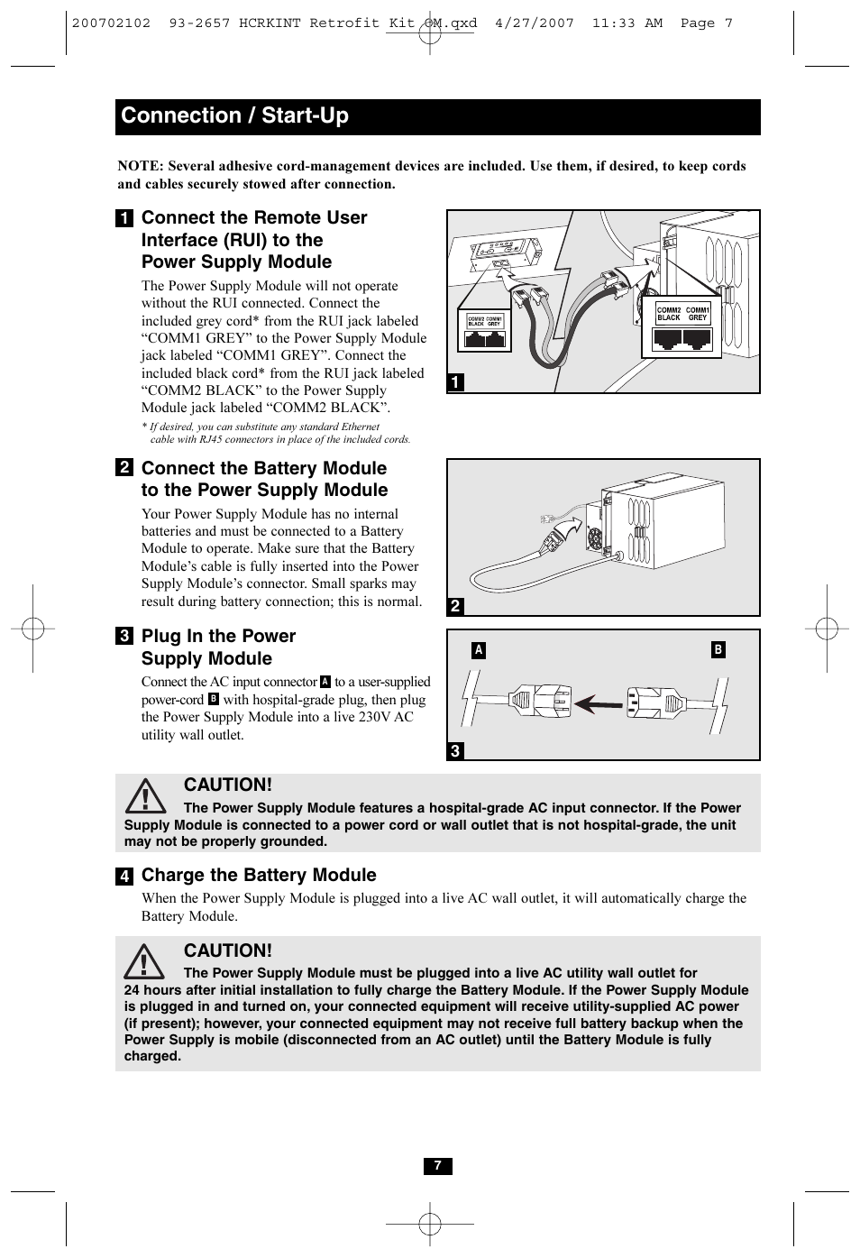 Connection / start-up, Plug in the power supply module, Charge the battery module | Caution | Tripp Lite HCRK-INT User Manual | Page 7 / 16