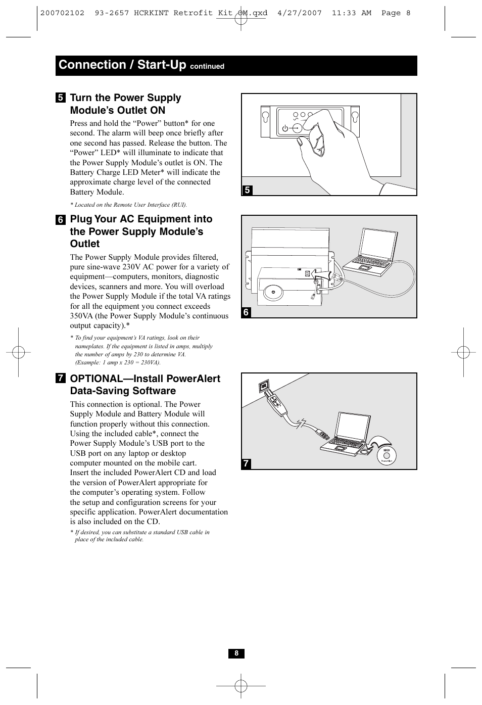 Connection / start-up, Turn the power supply module’s outlet on, Optional—install poweralert data-saving software | Tripp Lite HCRK-INT User Manual | Page 8 / 16