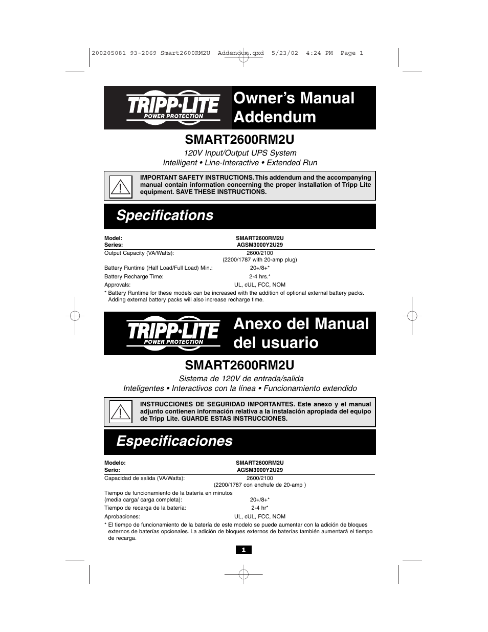 Tripp Lite 3000VA User Manual | 2 pages