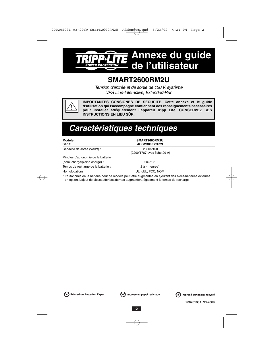 Annexe du guide de l’utilisateur, Caractéristiques techniques | Tripp Lite 3000VA User Manual | Page 2 / 2