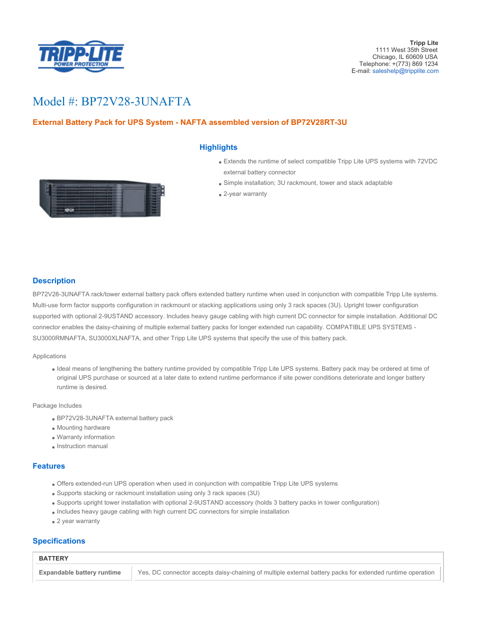 Tripp Lite BP72V28-3UNAFTA User Manual | 2 pages