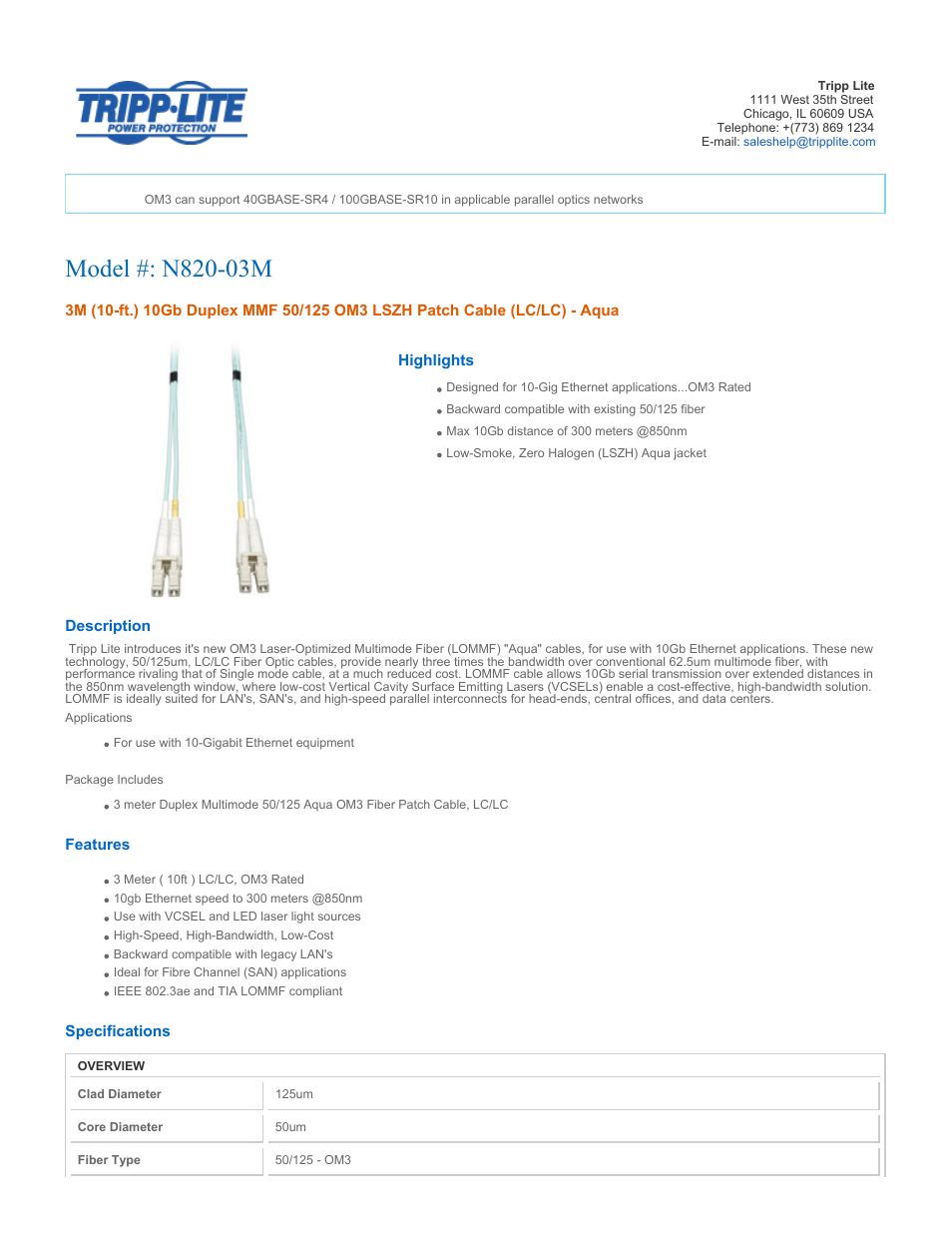 Tripp Lite Multimode Fiber Optics 3-meter N820-03M User Manual | 3 pages