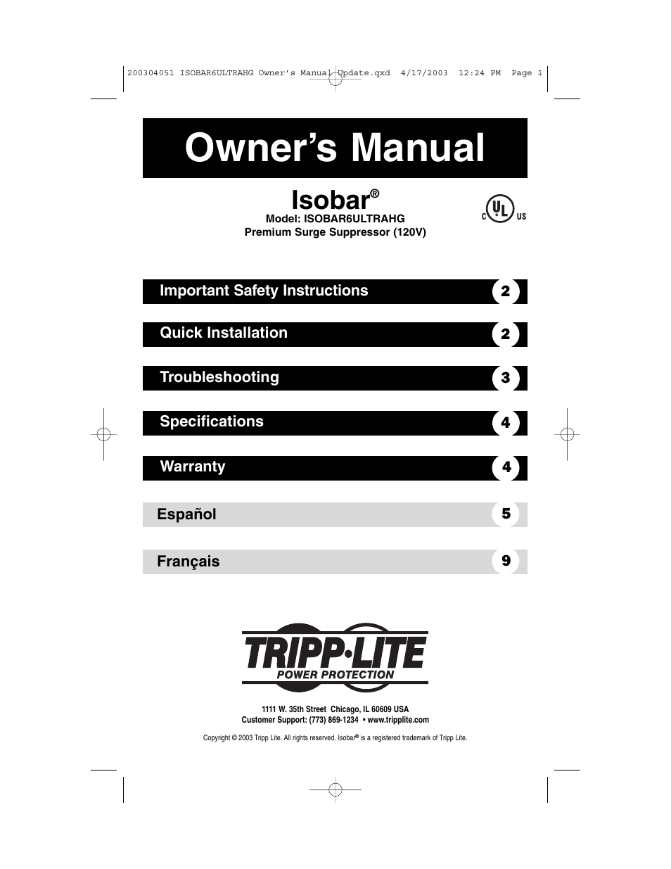 Tripp Lite ISOBAR6ULTRAHG User Manual | 4 pages