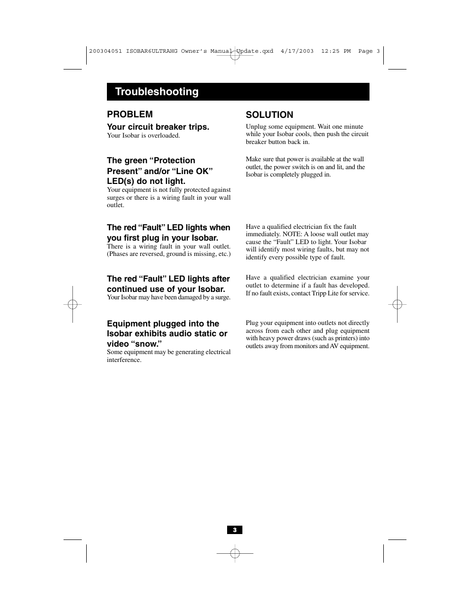 Troubleshooting | Tripp Lite ISOBAR6ULTRAHG User Manual | Page 3 / 4