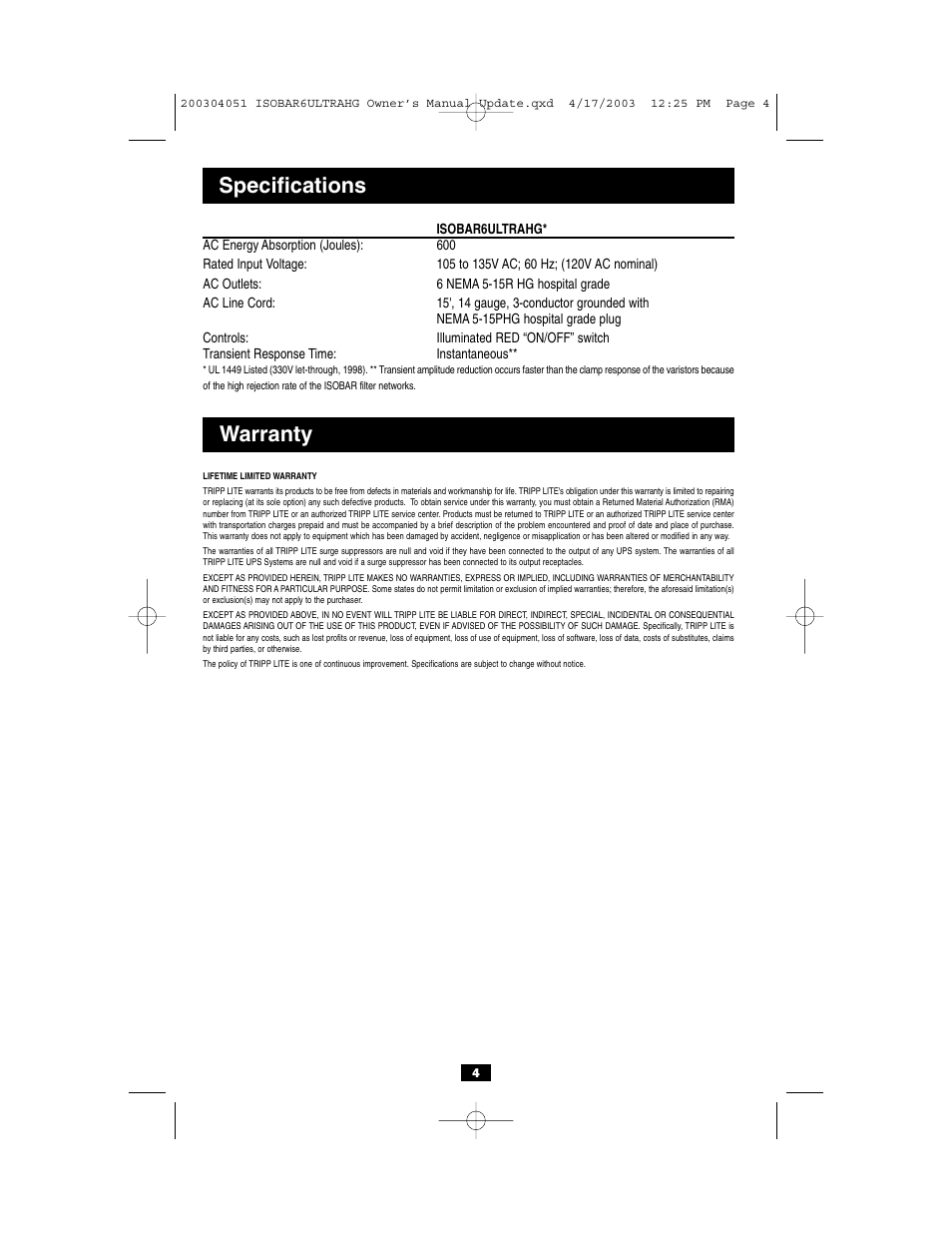 Specifications warranty | Tripp Lite ISOBAR6ULTRAHG User Manual | Page 4 / 4