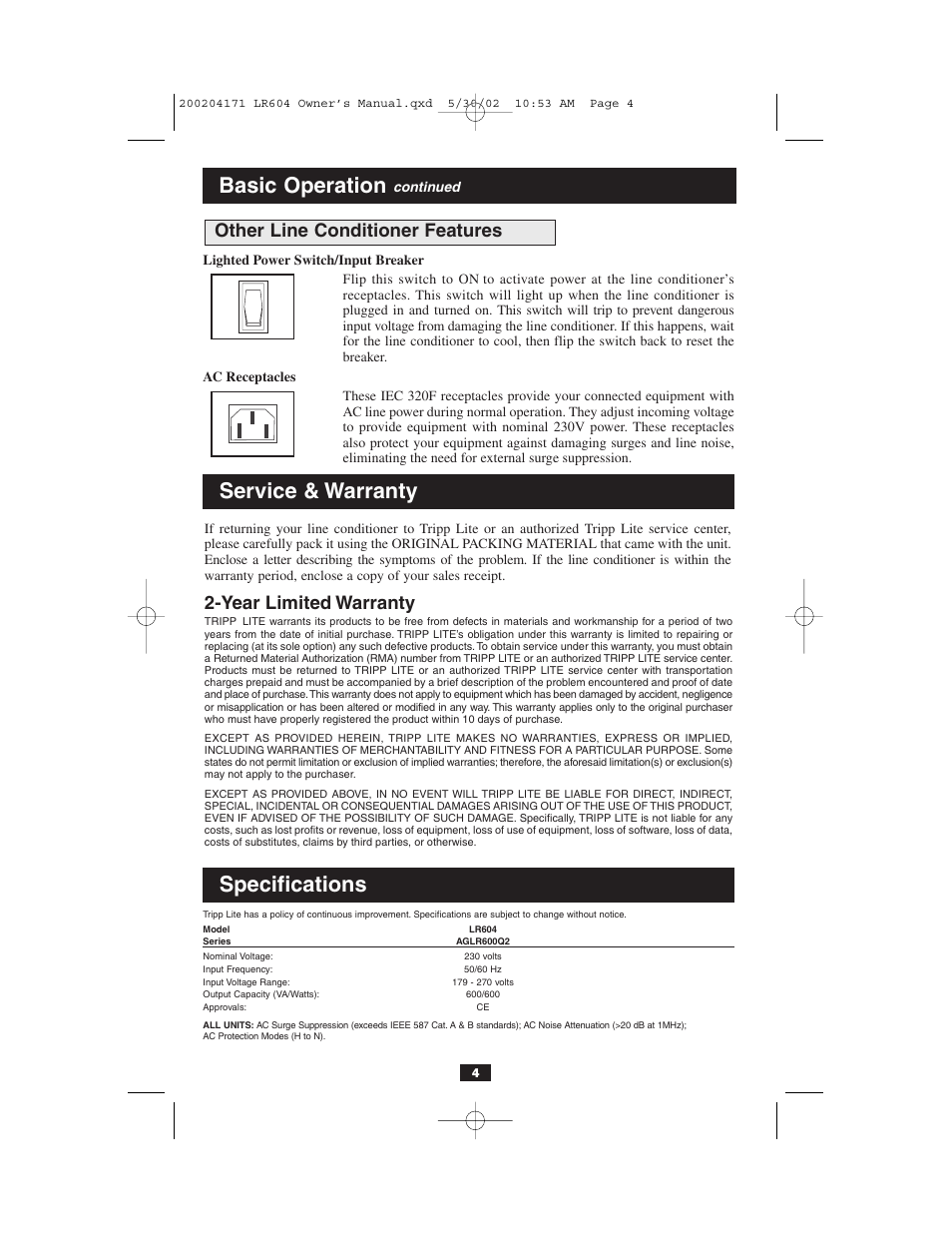 Basic operation, Service & warranty, Specifications | Year limited warranty, Other line conditioner features | Tripp Lite 200204171 93-2036_EN User Manual | Page 4 / 5