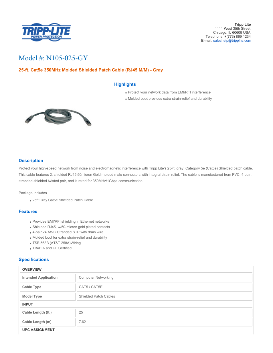 Tripp Lite N105-025-GY User Manual | 2 pages