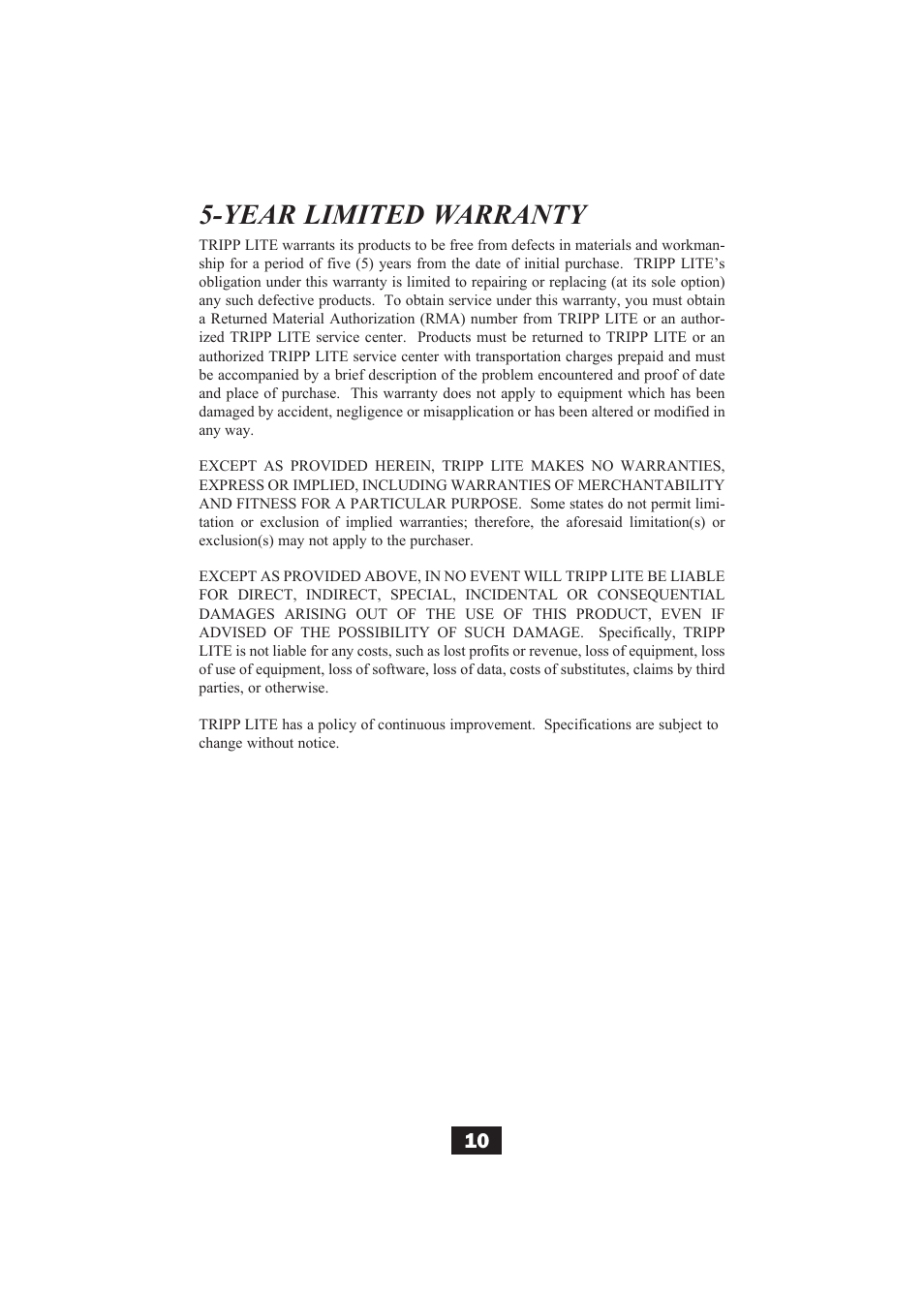 Year limited warranty | Tripp Lite B004-002 Series User Manual | Page 10 / 52
