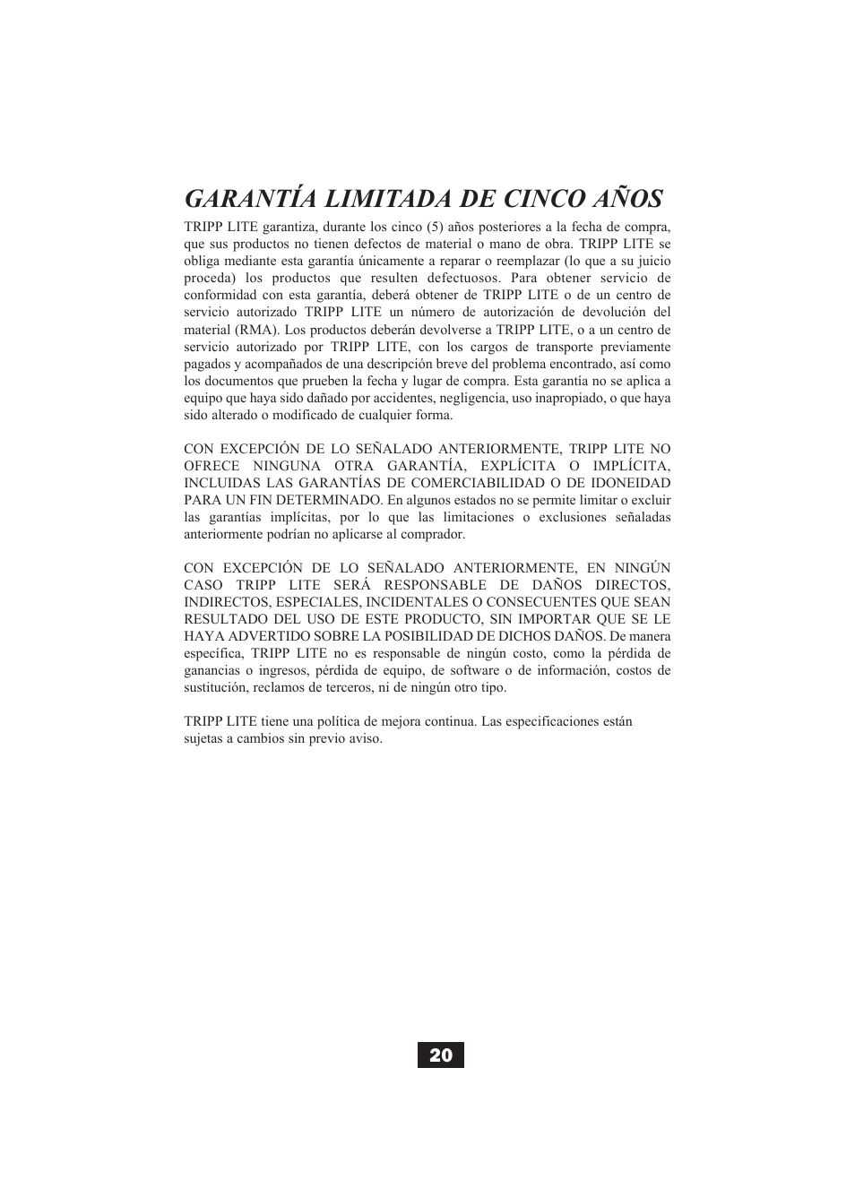 Garantía limitada de cinco años | Tripp Lite B004-002 Series User Manual | Page 20 / 52