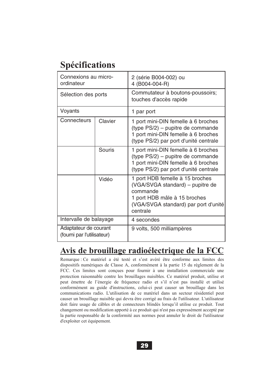 Spécifications, Avis de brouillage radioélectrique de la fcc | Tripp Lite B004-002 Series User Manual | Page 29 / 52