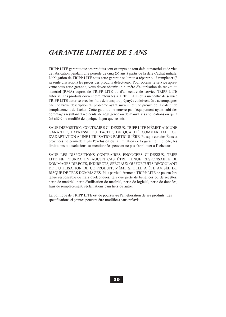 Garantie limitée de 5 ans | Tripp Lite B004-002 Series User Manual | Page 30 / 52