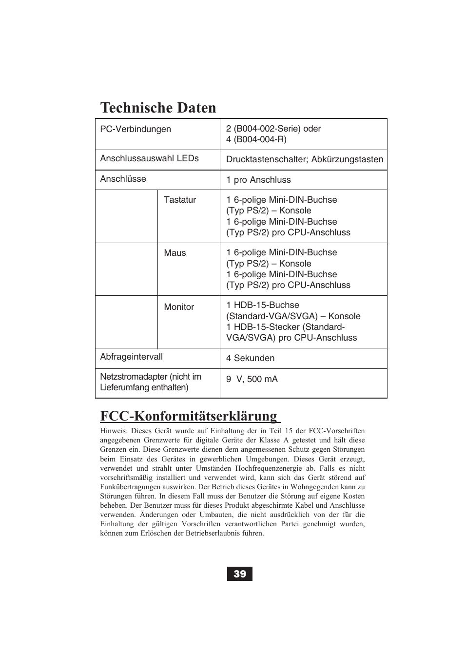 Technische daten, Fcc-konformitätserklärung | Tripp Lite B004-002 Series User Manual | Page 39 / 52