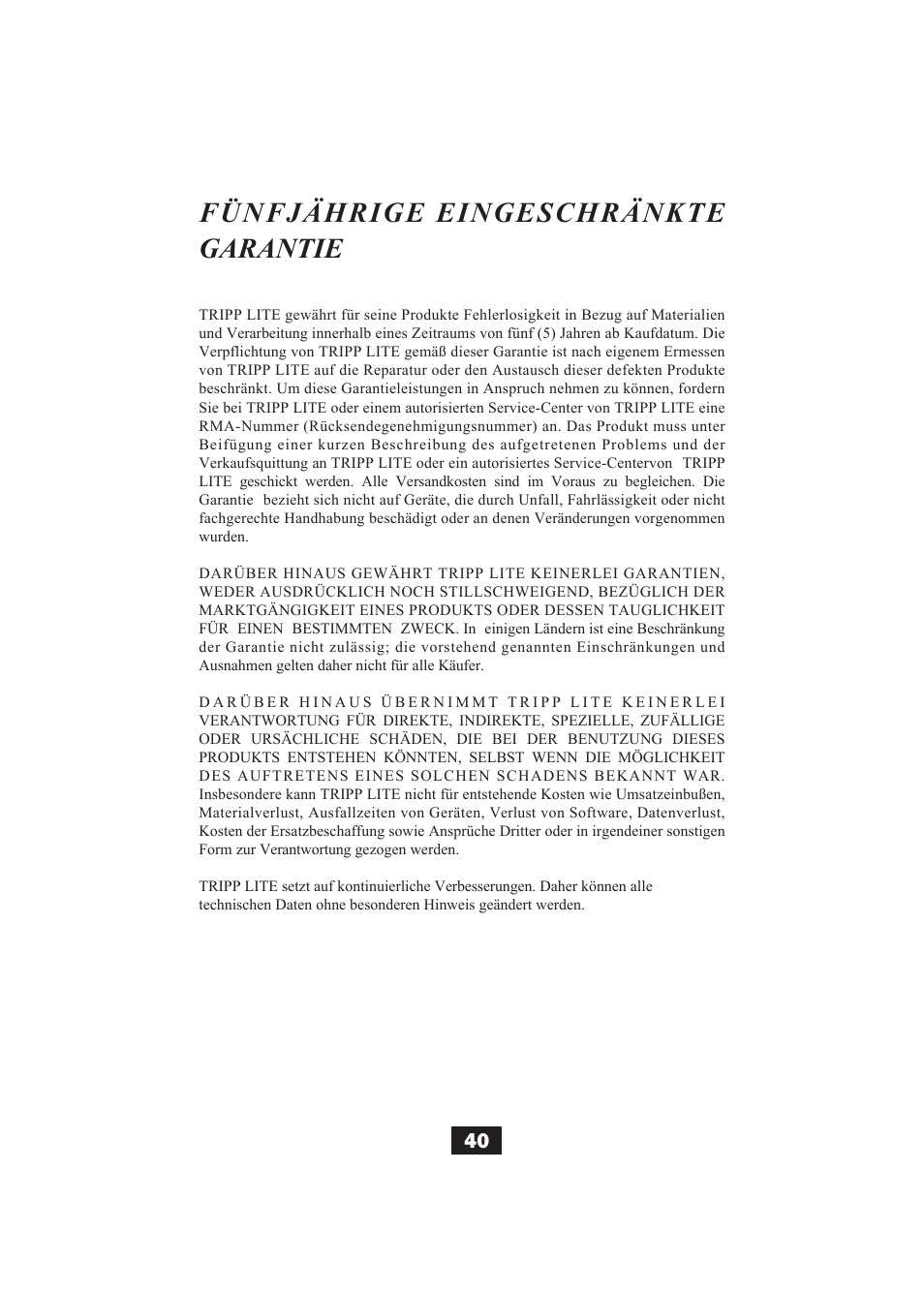 Fünfjährige eingeschränkte garantie | Tripp Lite B004-002 Series User Manual | Page 40 / 52