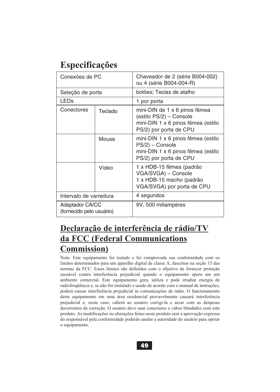 Especificações | Tripp Lite B004-002 Series User Manual | Page 49 / 52