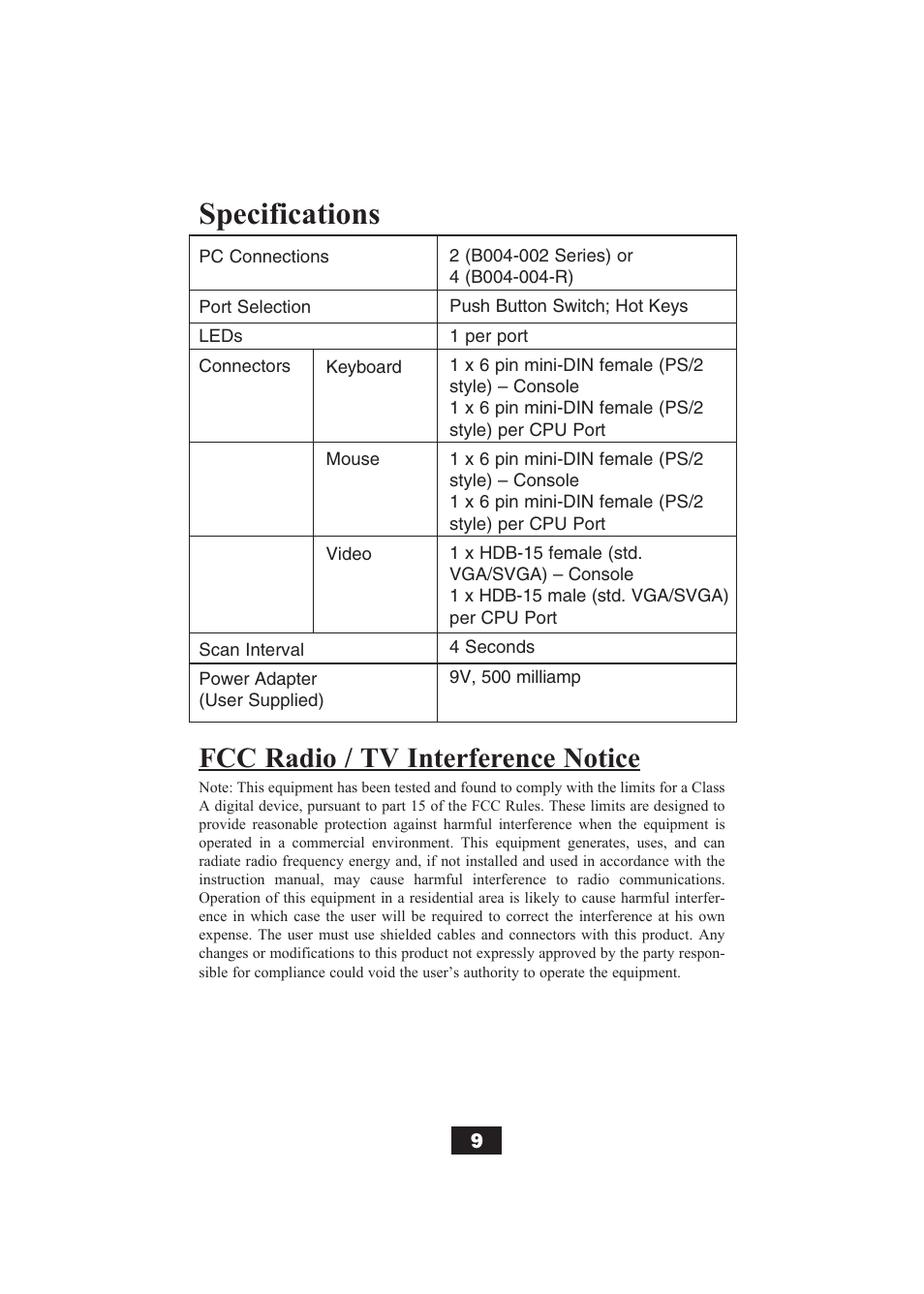 Specifications, Fcc radio / tv interference notice | Tripp Lite B004-002 Series User Manual | Page 9 / 52