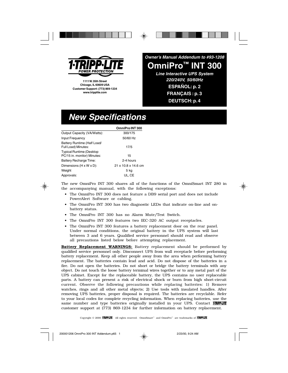 Tripp Lite OmniPro INT 300 User Manual | 4 pages