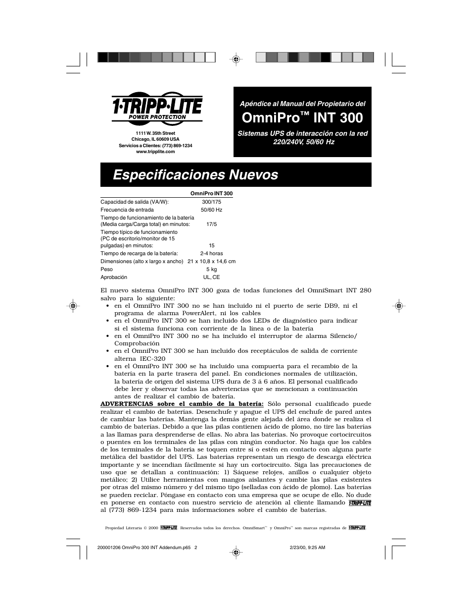 Omnipro, Int 300, Especificaciones nuevos | Tripp Lite OmniPro INT 300 User Manual | Page 2 / 4