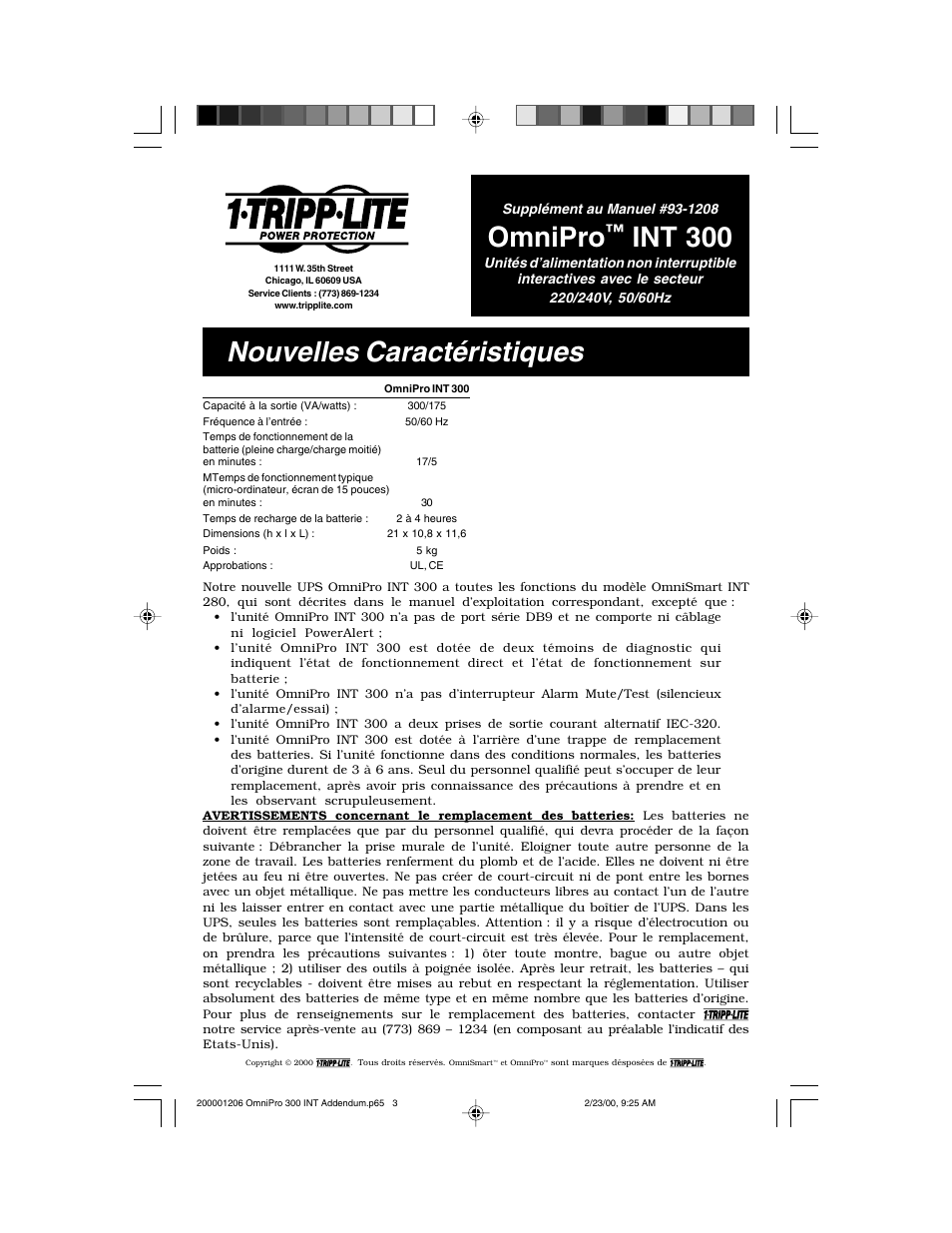 Omnipro, Int 300, Nouvelles caractéristiques | Tripp Lite OmniPro INT 300 User Manual | Page 3 / 4