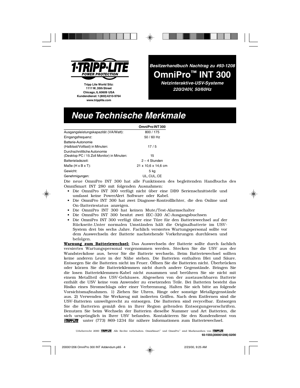 Omnipro, Int 300, Neue technische merkmale | Tripp Lite OmniPro INT 300 User Manual | Page 4 / 4