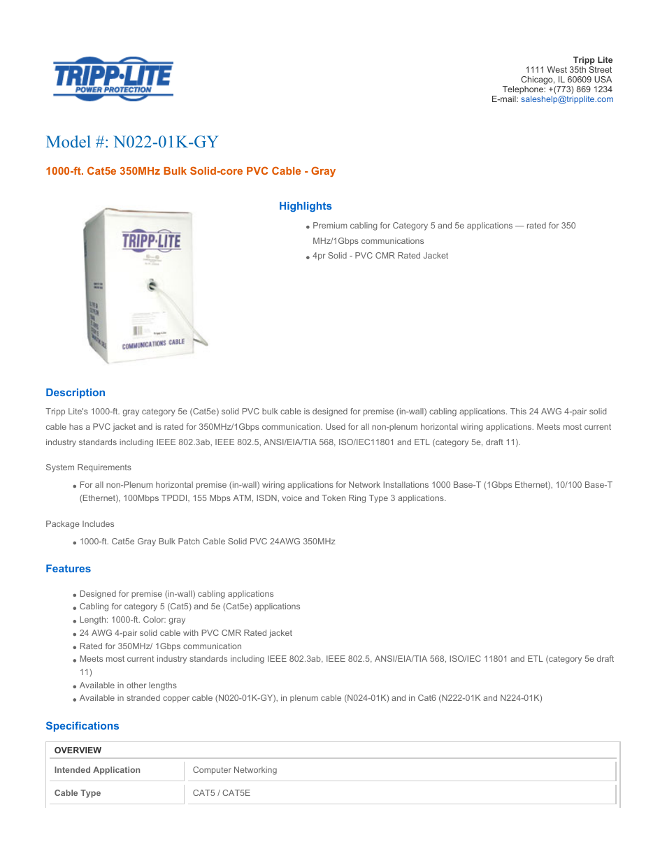 Tripp Lite N022-01K-GY User Manual | 3 pages