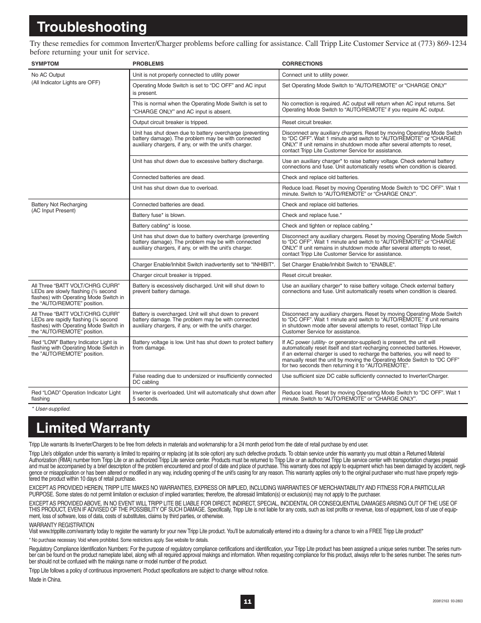 Troubleshooting, Limited warranty | Tripp Lite PowerVerter 200812163 User Manual | Page 11 / 12