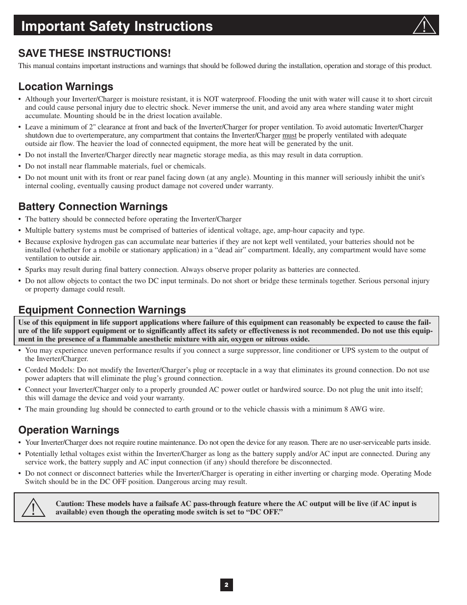 Important safety instructions, Save these instructions, Location warnings | Battery connection warnings, Equipment connection warnings, Operation warnings | Tripp Lite PowerVerter 200812163 User Manual | Page 2 / 12