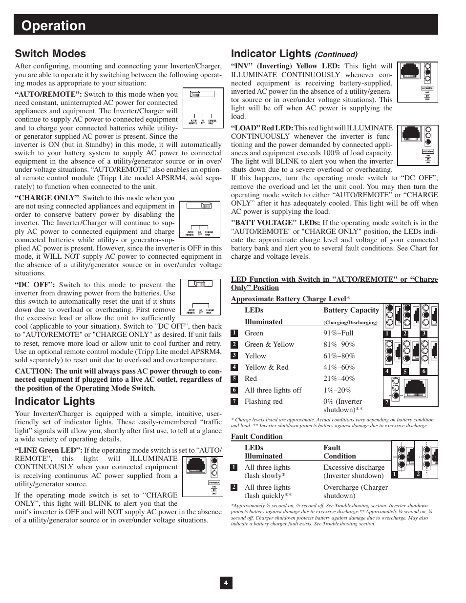 Operation, Switch modes, Indicator lights | Tripp Lite PowerVerter 200812163 User Manual | Page 4 / 12
