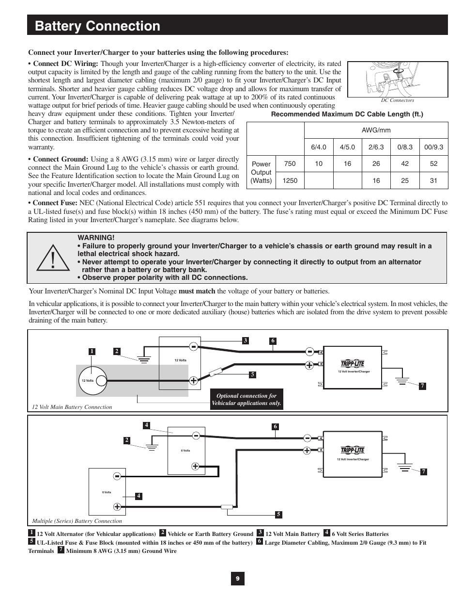 Battery connection | Tripp Lite PowerVerter 200812163 User Manual | Page 9 / 12