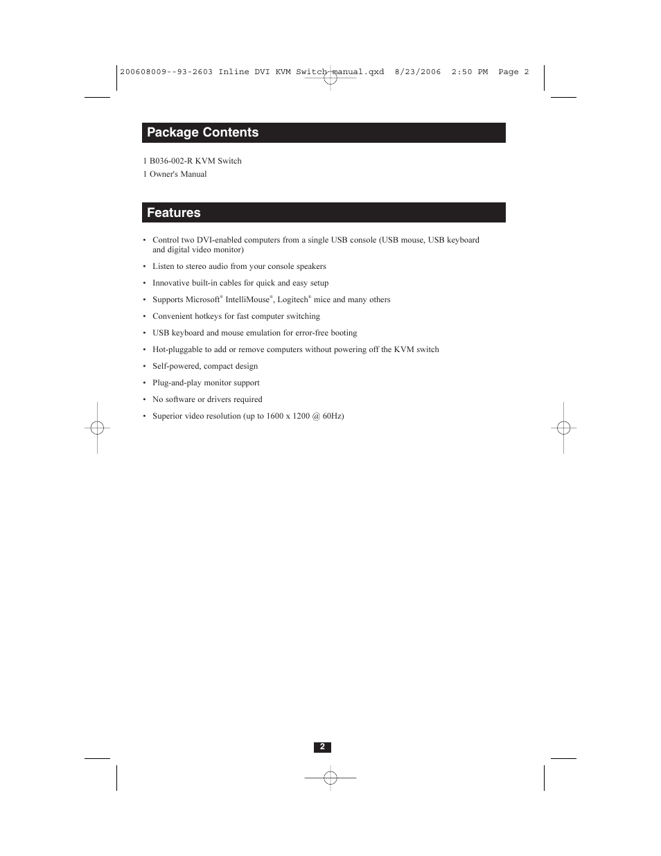 Package contents, Features | Tripp Lite B036-002-R User Manual | Page 2 / 8