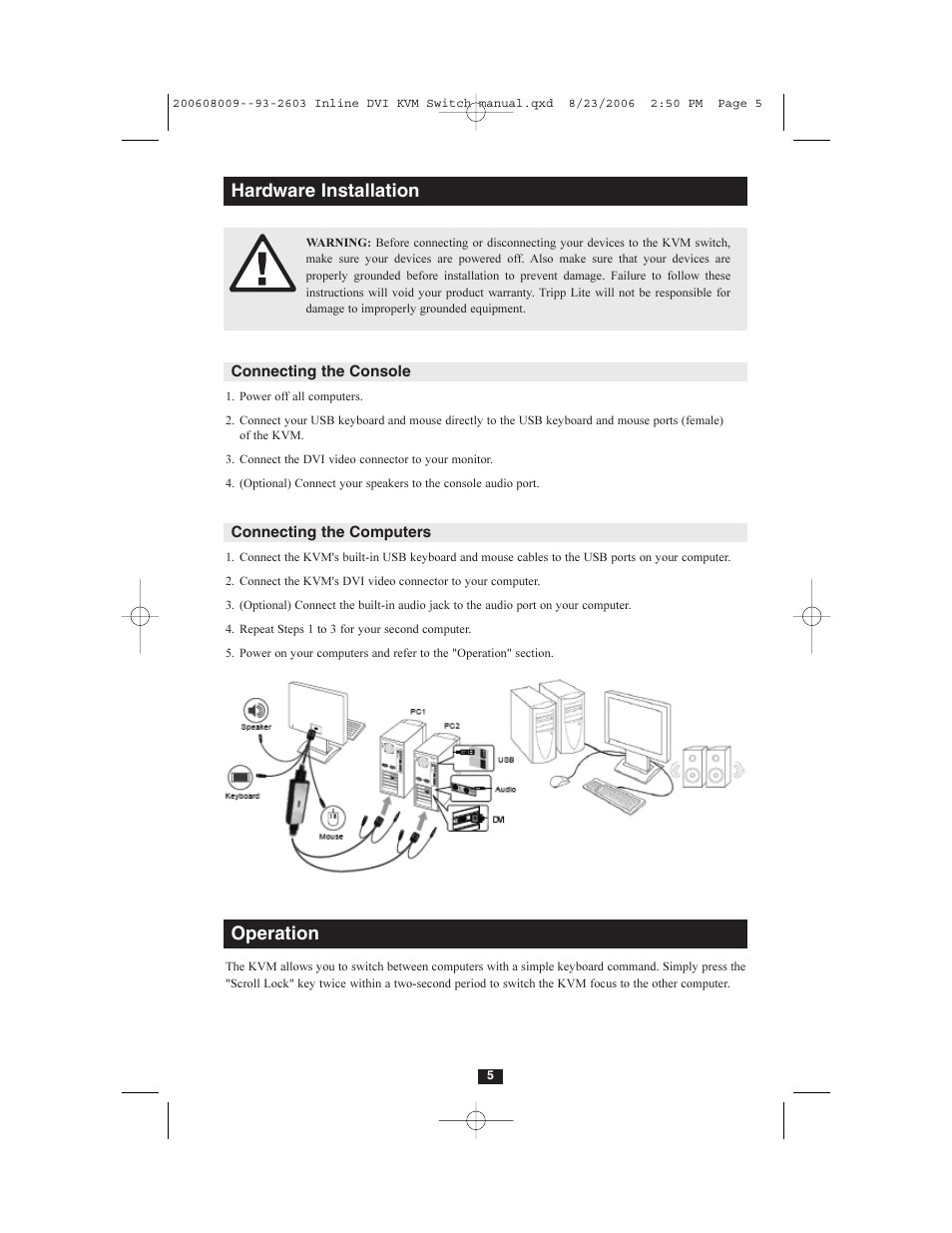 Hardware installation, Operation | Tripp Lite B036-002-R User Manual | Page 5 / 8