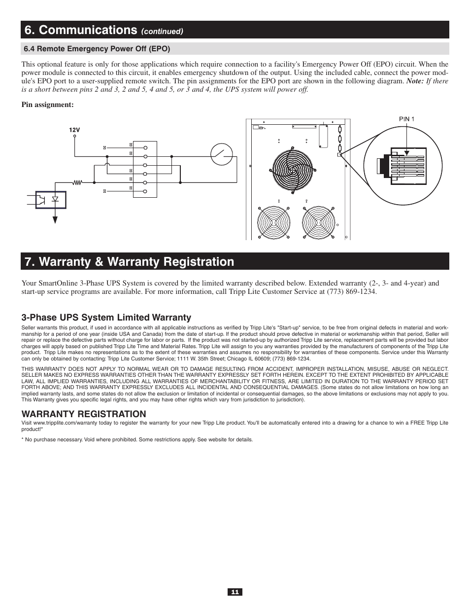 4 remote emergency power off (epo), Warranty & warranty registration, Communications | Phase ups system limited warranty, Warranty registration | Tripp Lite 30kVA User Manual | Page 11 / 12