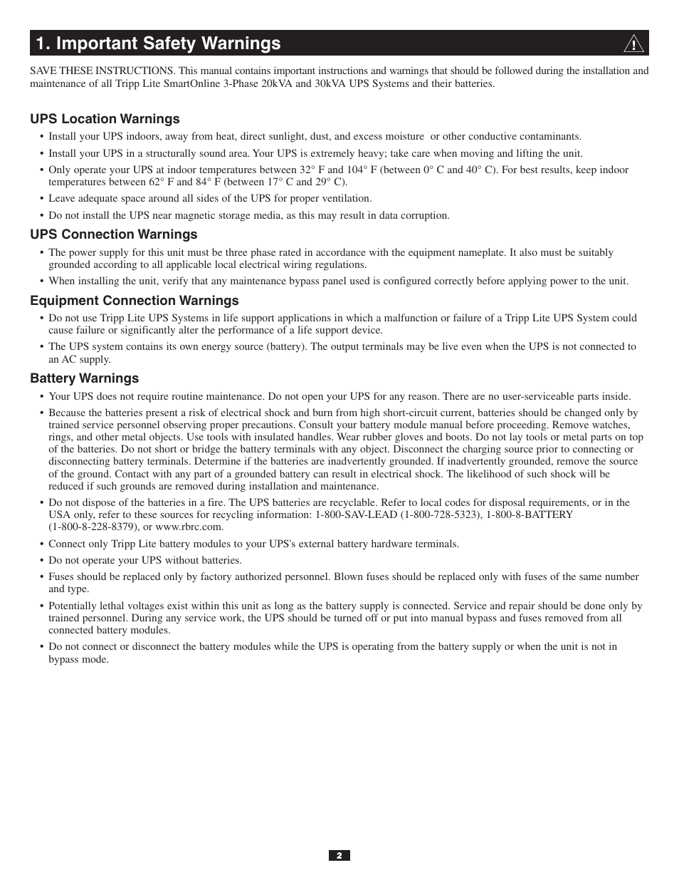 Important safety warnings | Tripp Lite 30kVA User Manual | Page 2 / 12