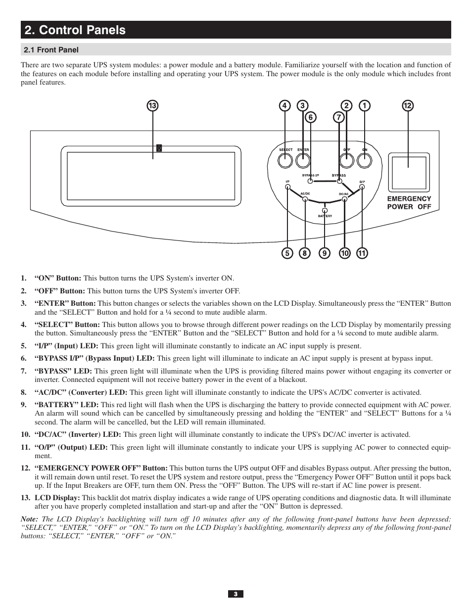 Control panels, 1 front panel | Tripp Lite 30kVA User Manual | Page 3 / 12