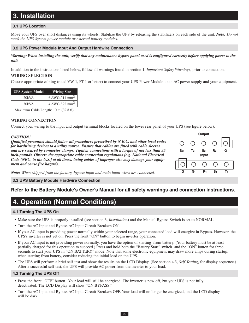 Installation, 1 ups location, 3 ups battery module hardwire connection | Operation (normal conditions), 1 turning the ups on, 2 turning the ups off, Installation 4. operation (normal conditions) | Tripp Lite 30kVA User Manual | Page 6 / 12