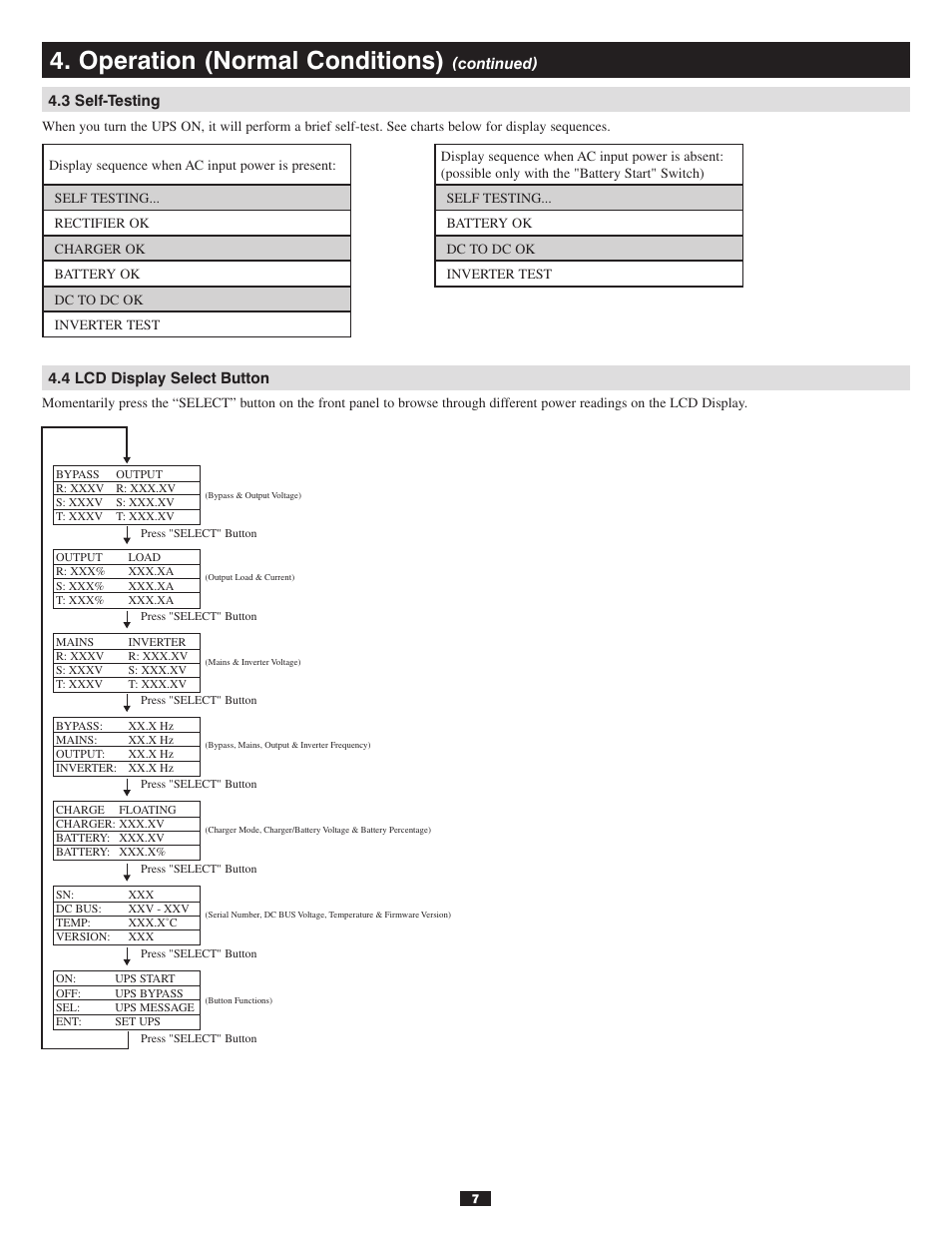 3 self-testing, 4 lcd display select button, Operation (normal conditions) | Tripp Lite 30kVA User Manual | Page 7 / 12