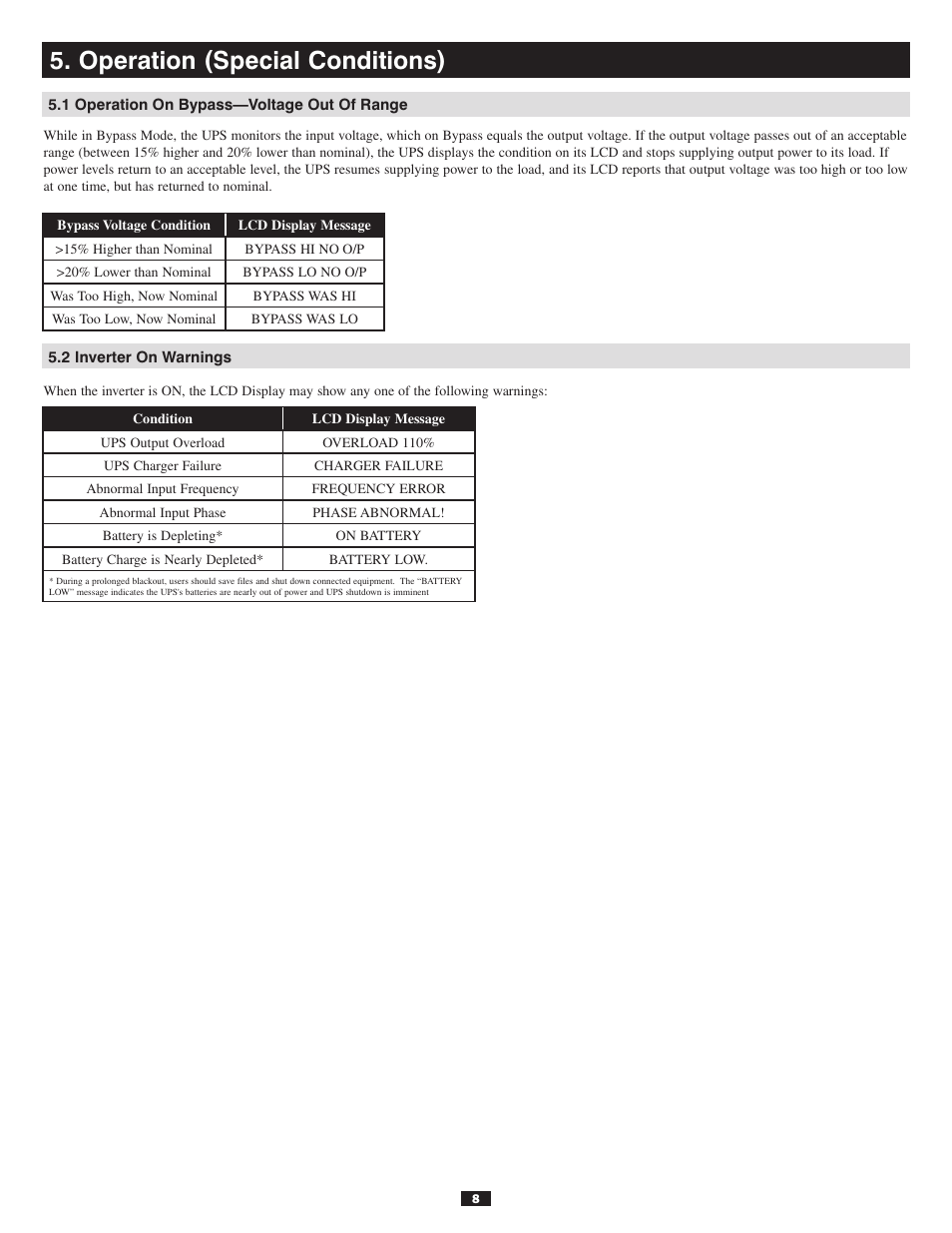 Operation (special conditions), 1 operation on bypass—voltage out of range, 2 inverter on warnings | Tripp Lite 30kVA User Manual | Page 8 / 12