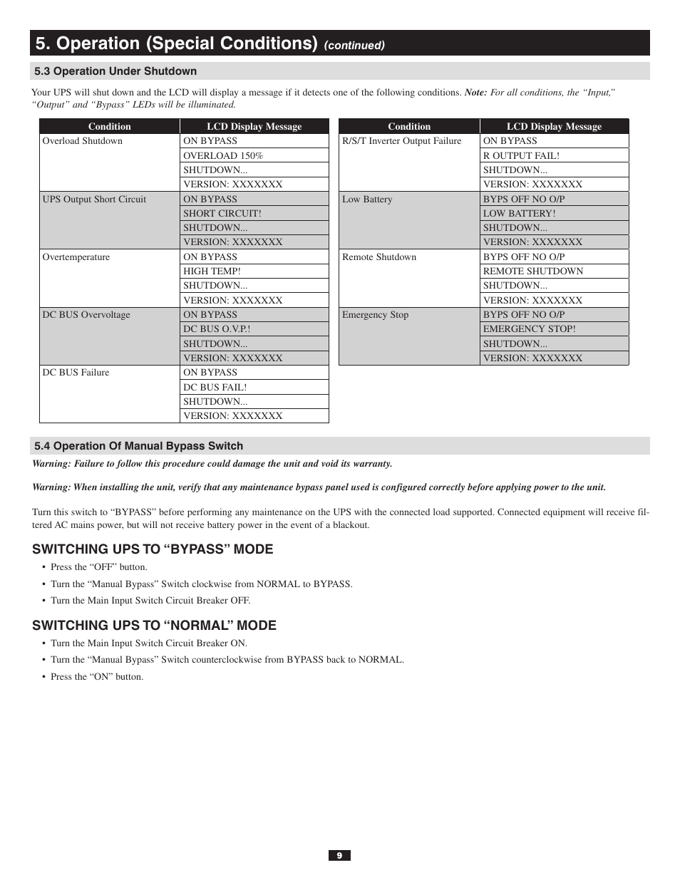 3 operation under shutdown, 4 operation of manual bypass switch, Operation (special conditions) | Switching ups to “bypass” mode, Switching ups to “normal” mode | Tripp Lite 30kVA User Manual | Page 9 / 12