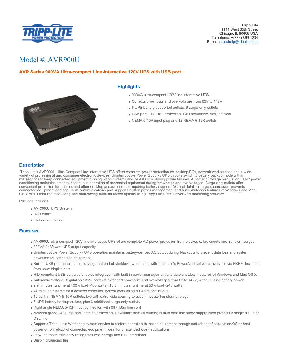 Tripp Lite AVR Series AVR900U User Manual | 5 pages