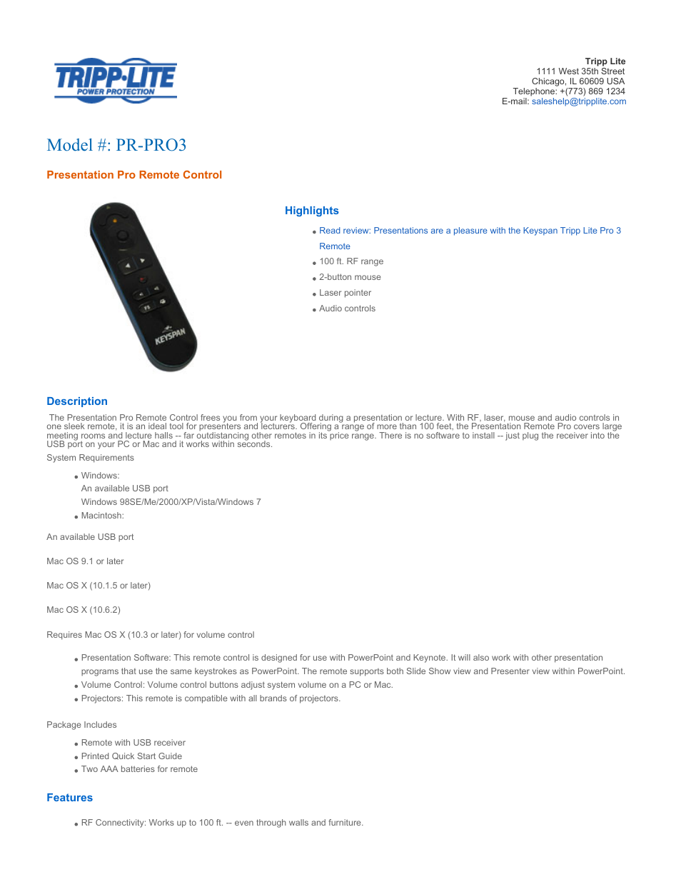 Tripp Lite PR-PRO3 User Manual | 2 pages