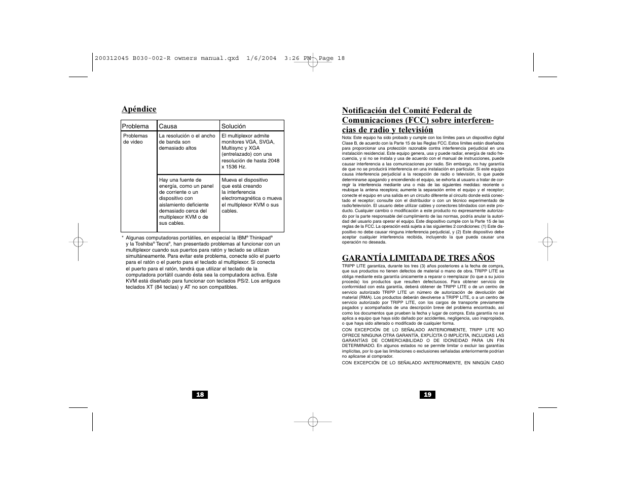 Apéndice, Garantía limitada de tres años | Tripp Lite B030-002-R User Manual | Page 10 / 17