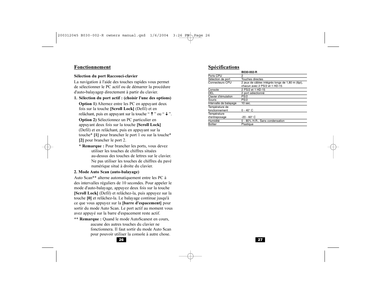 Fonctionnement, Spécifications | Tripp Lite B030-002-R User Manual | Page 14 / 17