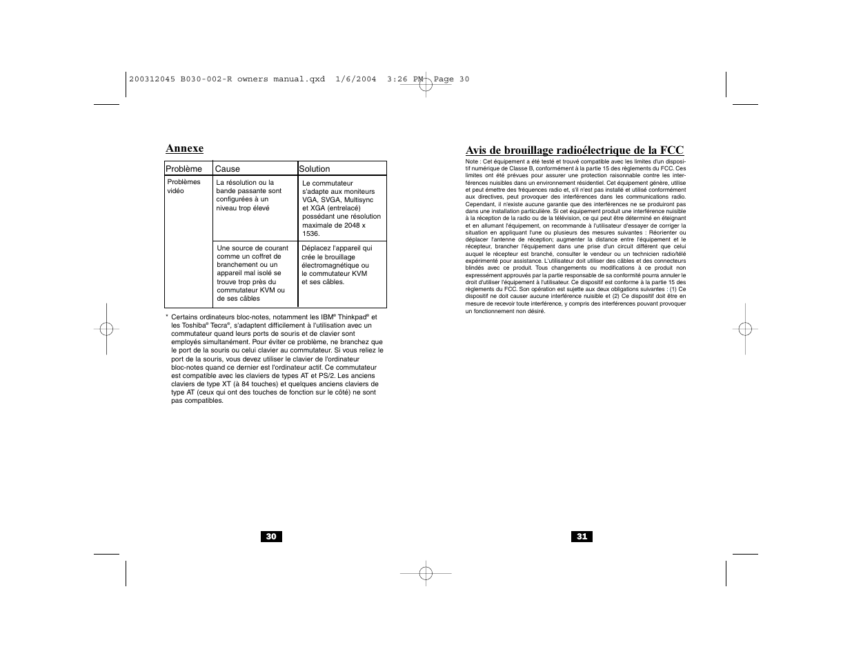 Annexe, Avis de brouillage radioélectrique de la fcc | Tripp Lite B030-002-R User Manual | Page 16 / 17