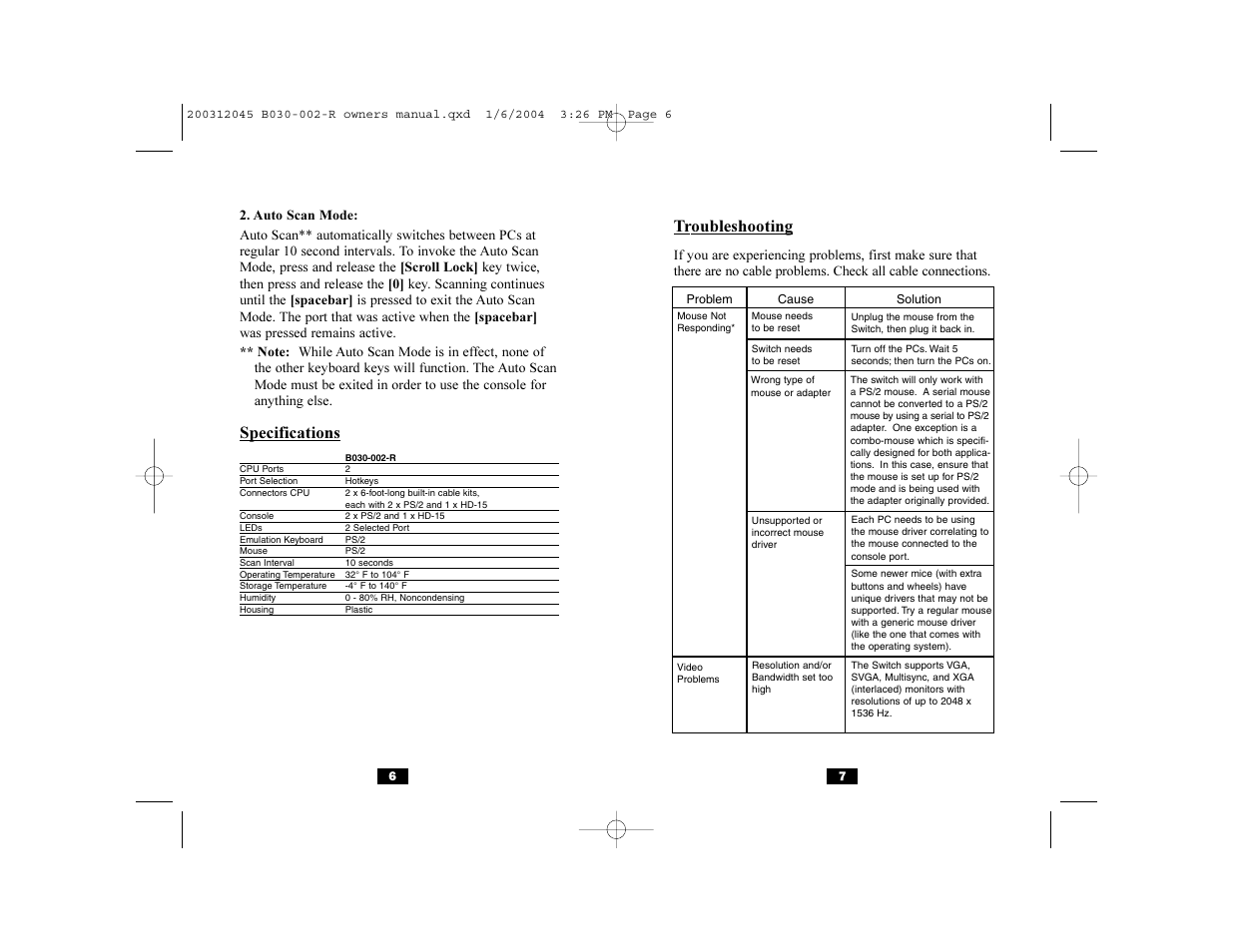 Troubleshooting, Specifications | Tripp Lite B030-002-R User Manual | Page 4 / 17