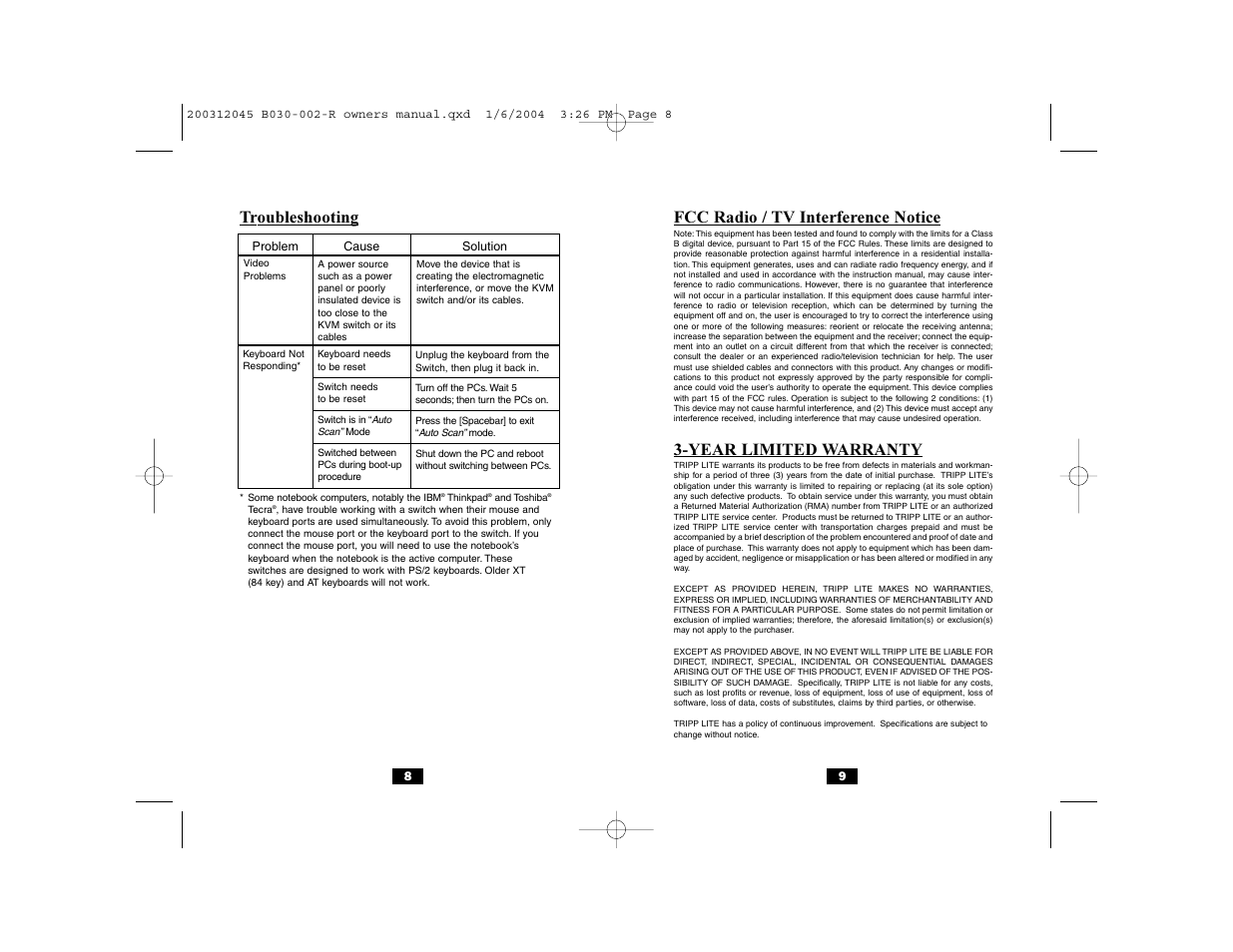 Fcc radio / tv interference notice, Year limited warranty, Troubleshooting | Tripp Lite B030-002-R User Manual | Page 5 / 17