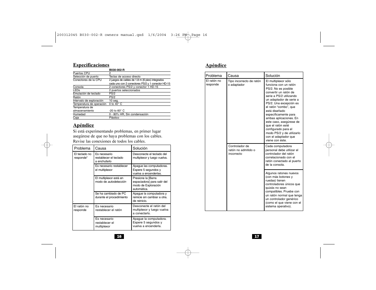 Apéndice, Especificaciones | Tripp Lite B030-002-R User Manual | Page 9 / 17